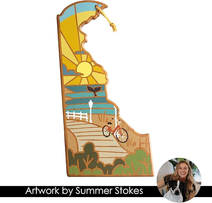 Totally Bamboo Delaware State Shaped Cutting Board and Charcuterie Serving Platter with Artwork by Summer Stokes, Includes Hang Tie for Wall Display
