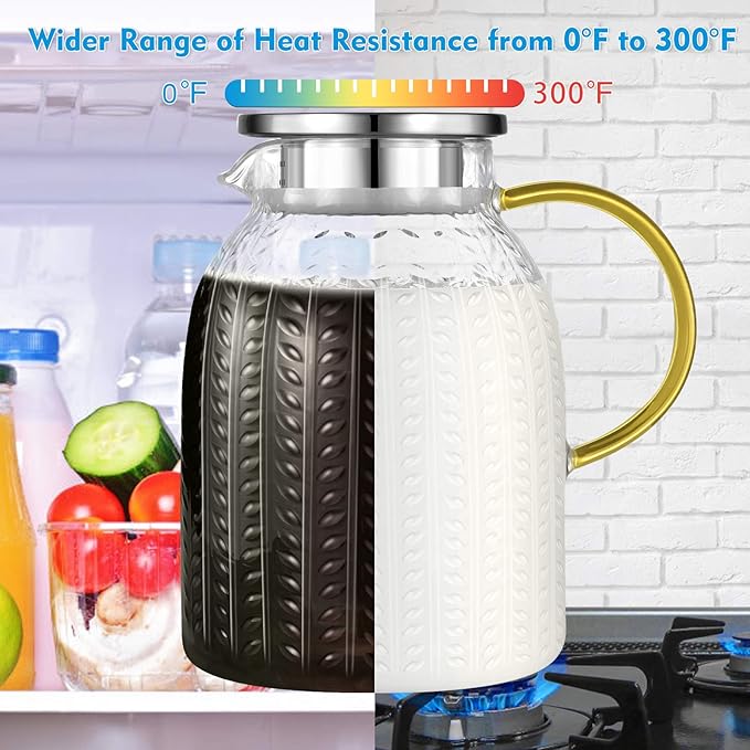 Aofmee 60oz Glass Pitcher, Water Pitcher with Lid, Iced Juice Jugs for Fridge, Glass Carafe for Cold or Hot Beverages, Sun Tea Jar, Easy Clean Heat Resistant Jug for Milk