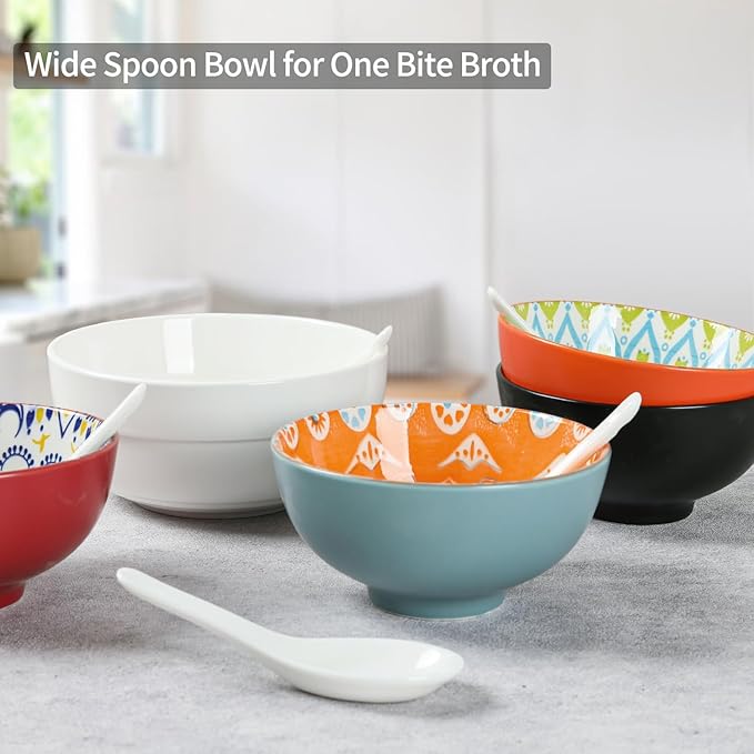 Soup Spoons Set of 6, Asian Ceramic Soup Spoons 5.3" Ramen Spoons Proper for Corelle Pho Miso Wonton Ramen Dumpling Macaron Dishwasher & Oven Safe