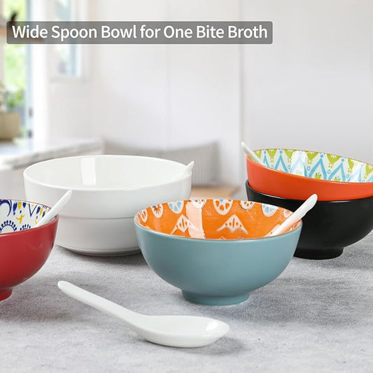 Soup Spoons Set of 6, Asian Ceramic Soup Spoons 5.3" Ramen Spoons Proper for Corelle Pho Miso Wonton Ramen Dumpling Macaron Dishwasher & Oven Safe