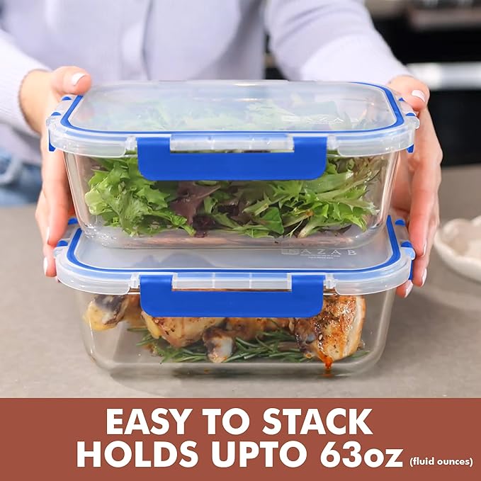 Razab 4 Pcs 1860ml / 63 Oz Large Glass Food Storage Containers with Lids - Glass Meal Prep Containers with Locking Lids for Roasting, Storing Leftover, Lunch Container, BPA Free, Microwave & Oven Safe