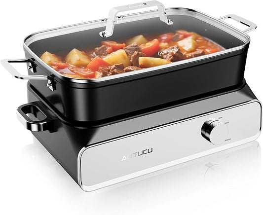 AUTUCU Slow Cooker 10-Quart - PFOA-Free Ceramic Coating, Oven Safe to 450°F | Keep Warm Function for Large Family Gatherings (Includes Silicone Spoon)