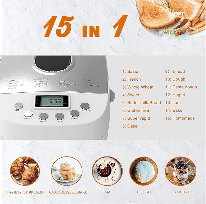 Davivy 3.3LB Bread Maker – 15-in-1 Automatic Bread Machine with Silicone Baking Gloves, Dual Kneading Paddles, Nonstick Pan, 15-Hour Delay Timer, 3 Loaf Sizes & 3 Crust, Nut Add-In Reminder