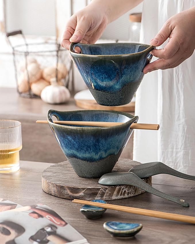 UNICASA Japanese Ramen Bowl Set with Chopsticks, Spoons and Rests, 20oz Deep Porcelain Noodle Bowl Set of 2 for Udon, Pho, Salad, Soup (Volcano Blue)