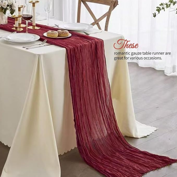 12 Pcs Burgundy Christmas Cheesecloth Table Runner 10Ft, Gauze Table Runners 21.5 x 120 inch,Semi Sheer Cheese Cloth Fabric Runner Bulk for Wedding,Party,Baby Shower,Bridal Shower