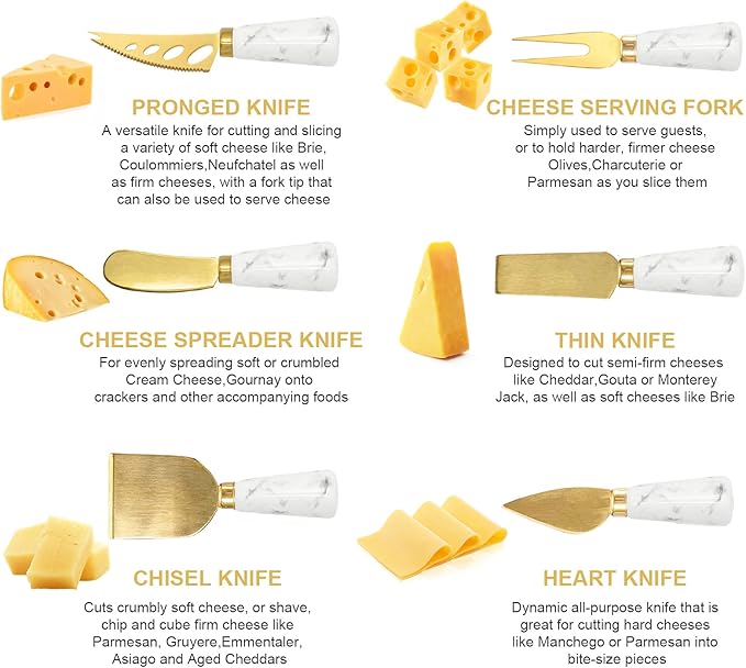 Charcuterie Board Accessories - 6 Piece Cheese Knife Set With Marble Handle - Spreader and Butter Knives for Cheese Kit Cutter (Marble)