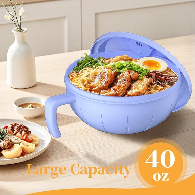 steo spce Large Ramen Bowl Set, 40 Oz Microwaveable Noodle Cooker with Leak-Proof Lids, Chopsticks, Spoon & Fork – Portable and Dishwasher Safe, Ideal for Home, Office, Dorm, or Gift Light (Purple)