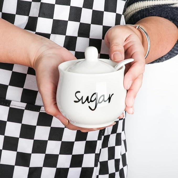 Ceramic Sugar Bowl with Lid and Spoon,Porcelain Sugar Jar Sugar Dispenser,White Sugar Container for Coffee Bar Home and Kitchen Decor 7 Ounces