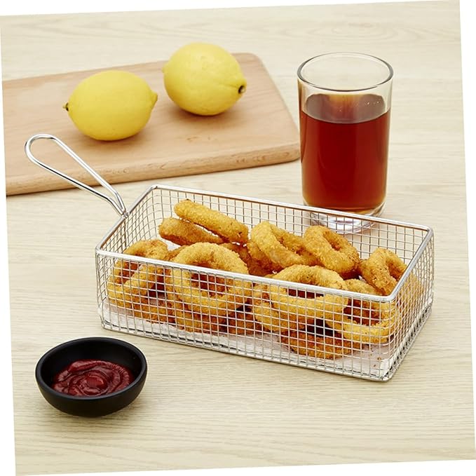 Chip Frying Basket French Fry Basket Metal Food Strainer Stainless Steel Rectangular Fry Basket Net Strainer Basket Spider Strainer Skimmer Ladle Mesh Frying Basket Blush With Ears