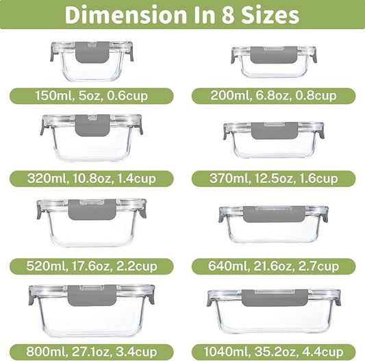 HOMBERKING 8 Pack Glass Food Storage Containers with Lids, Meal Prep Containers, Airtight Bento Boxes with Leak Proof Locking for Microwave, Oven, Freezer and Dishwasher, BPA Free, 5-35oz
