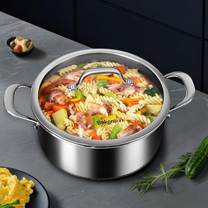 Bakoniion Hybrid Nonstick 5 QT Stockpot with Lid Two Handles, Stainless Steel Stockpot with Honeycomb Texture,Compatible with All Cooktops,Dishwasher and Oven Safe