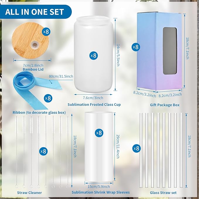 Sublimation Glass Blanks with Bamboo Lid, 16OZ Frosted Sublimation Beer Cups with Glass Straws Gift Box for Christmas, Mason Jar Cups Mug Travel Tumbler for Juice, Iced Coffee, Drinks(8 PACK)