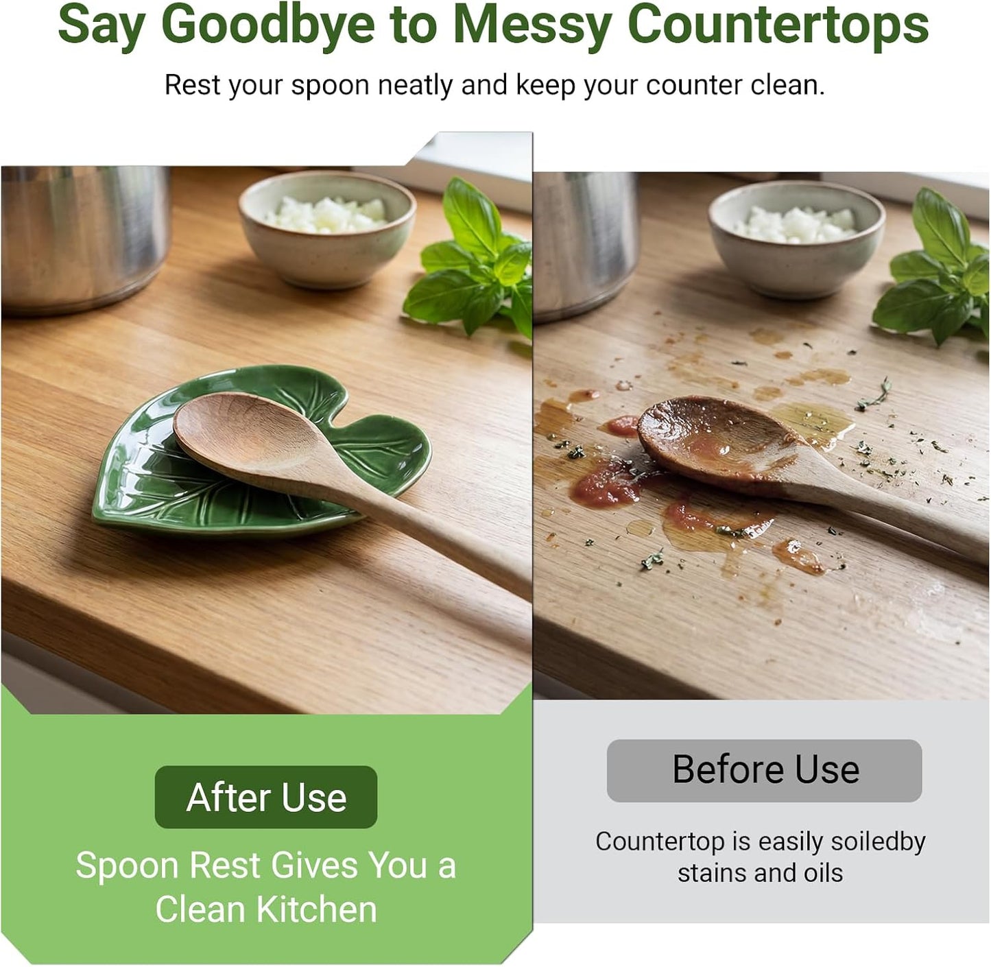Ceramic Spoon Rest for Stove Top and Kitchen Counter, Green Leaf Spoon Holder, Cute Cooking Spoon Rest, Heat Resistant Dishwasher Safe Kitchen Utensil Rest, Decorative Kitchen Decor