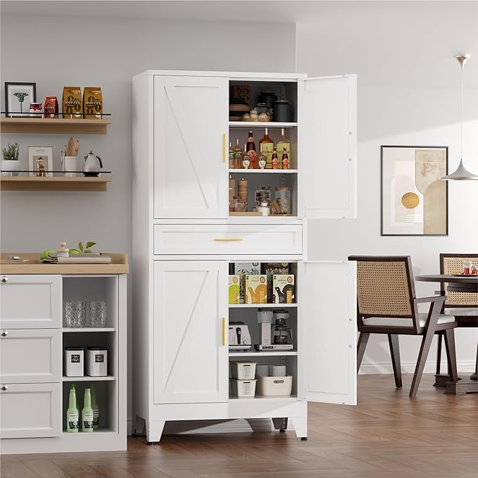 71" Tall Kitchen Pantry Cabinet,Farmhouse Pantry Cabinet,Metal Cabinet with Adjustable Shelves and Drawer,Storage Cabinet for Kitchen Dining Room Garage,White