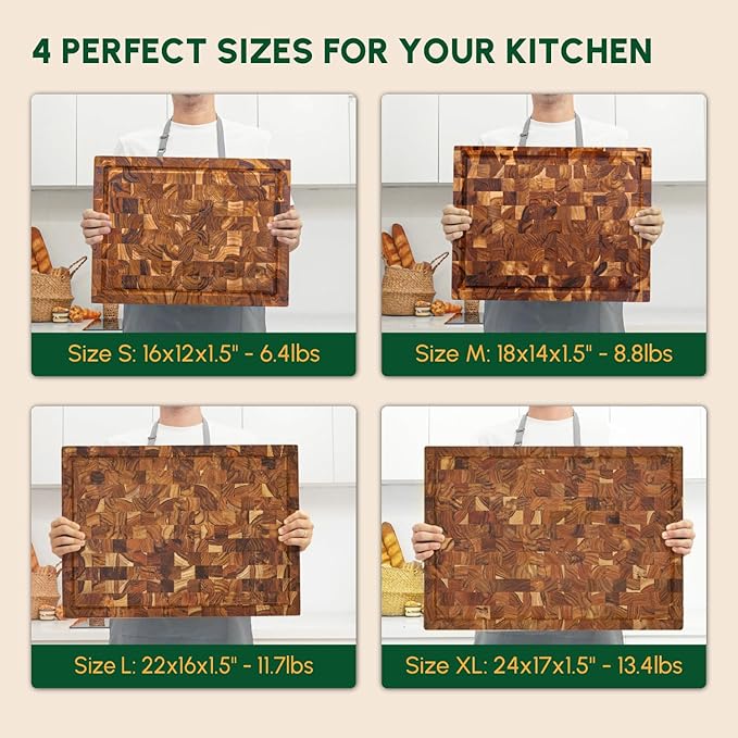 BEEFURNI Teak Wood End Grain Cutting Board (S, 16x12x1.5"), Wooden Cutting Boards for Kitchen with Juice Groove Hand Grip Small, Charcuterie Boards, Serving Board, Christmas Gifts, 1-Year Warranty