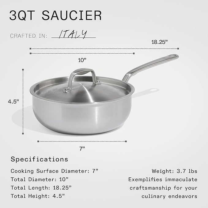 Made In Cookware - 3 QT Ceramic Non Stick Saucier with Lid - 5-Ply Stainless Clad with Stay-Cool Handle - Professional Cookware - Crafted in Italy - Induction Compatible