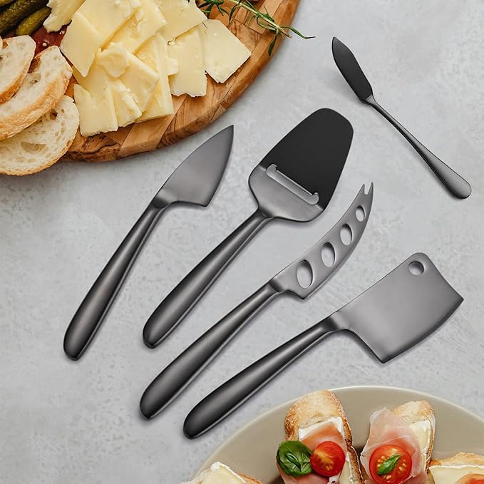 8 Pieces Black Cheese Knives Set with Dinning Knife Fork Spoon Stainless Steel Multifunctional Kitchen Gadget Baking Utensils Cooking Tool