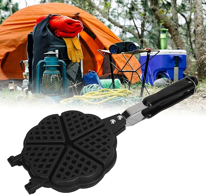 Sweetheart Waffle Maker Pan, Without Stick Cast Aluminum Stovetop Waffle Iron with Five 3.5in Cavities, Portable Heart Shaped Mini Waffle Maker, Black, 5.9In