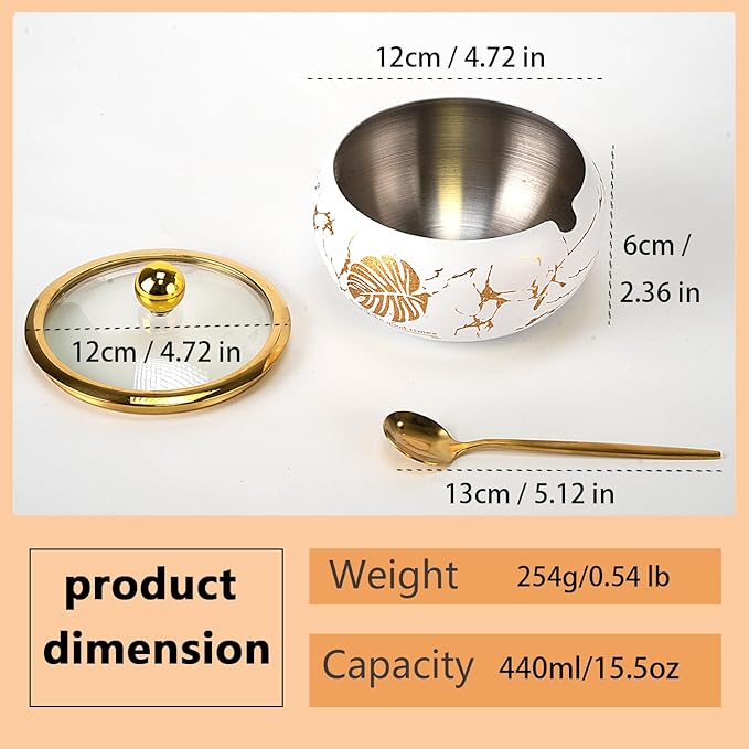 15OZ Sugar Bowl with Glass Lid and Spoon, Sugar Container of Coffee Bar Accessories, Stainless Steel Jar for Salt, Tea, Brown Sugar Cube, Dishwasher Safe, Kitchen Decor Countertop Storage, White