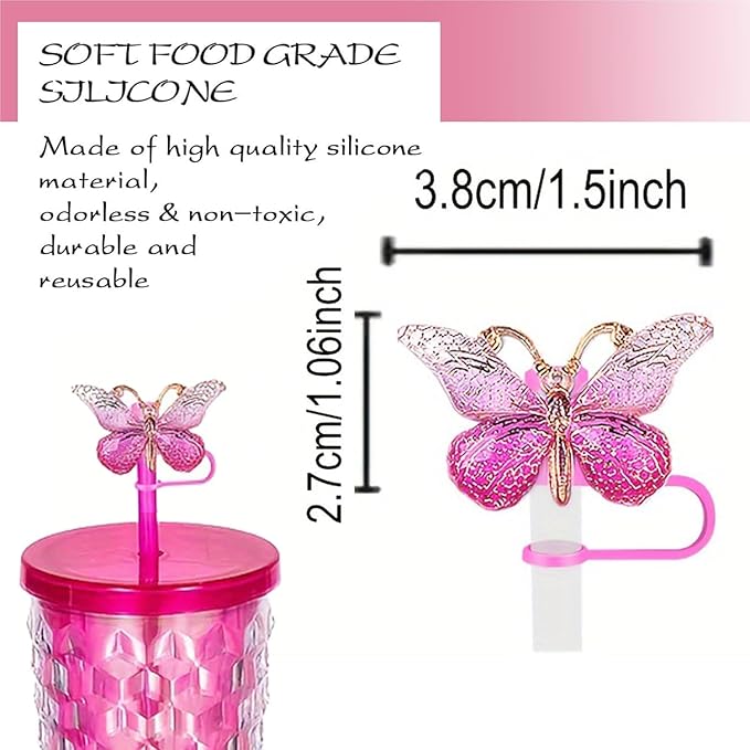 9Pcs Butterfly Straw Topper, 10mm (0.39inch) Silicone Covers for Stanley Cup, Colorful Butterfly Caps for 40 Oz & 30 Oz Accessories, Straw Tips Lids