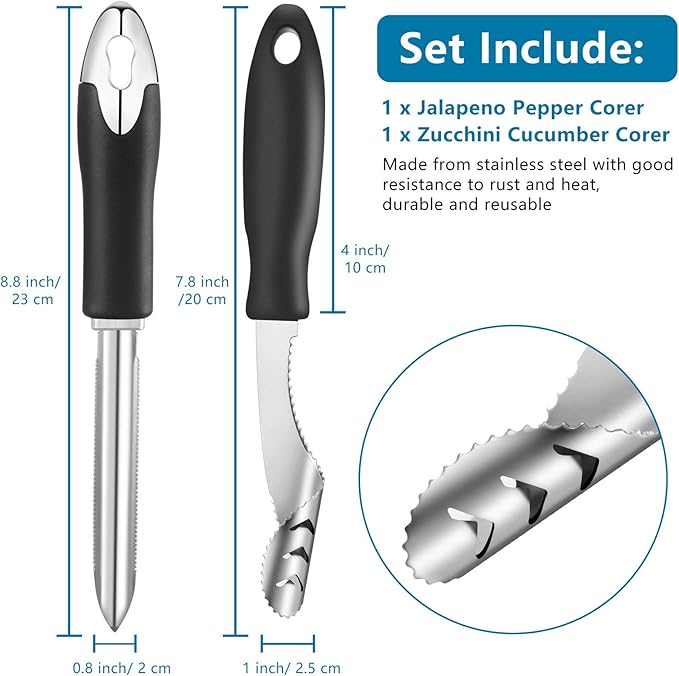 2 Pieces Jalapeno Pepper Corer Zucchini Cucumber Corer Remover with Serrated Slice and Rubber Handle Seed Remover or Slice Off Vegetables Tops for Kitchen