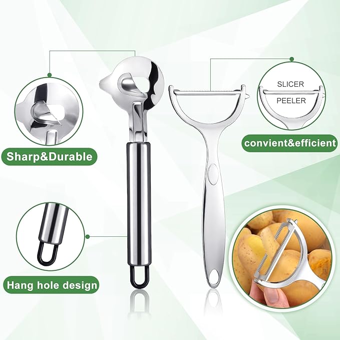 Lothee 4 Pcs Cactus Peeler Tools Stainless Steel Peeler Spoon and Paring Knife Long Handle Hole Slicing Noodle Cutter for Kitchen Gadget Accessories