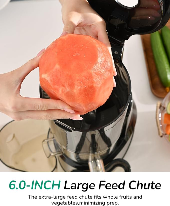 Canoly C09 Cold Press Juicer, 6" Extra Wide Feed Chute, 3-IN-1 Strainers (Juice & Sorbet & Nut Milk), Powerful AC Brushless Motor, Self Precut System, Juicer Machines with BPA-Free (Classic)