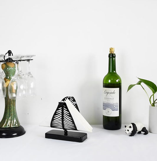 OwlGift Freestanding Modern Napkin Holder with Leaf Design, Tabletop Tissue Dispenser, Napkin Storage Organizer – Black