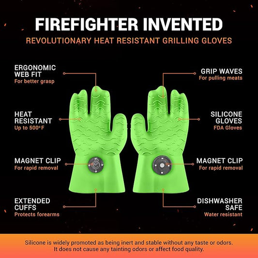 MagneCHEF Heat Resistant Silicone BBQ Gloves- Ergonomic Web fit Allows for Firm Grip- Patented Magnet Safety Clip Allows for Rapid Release of one or Both Hands- Grip Waves for Pulling Pork (Green)
