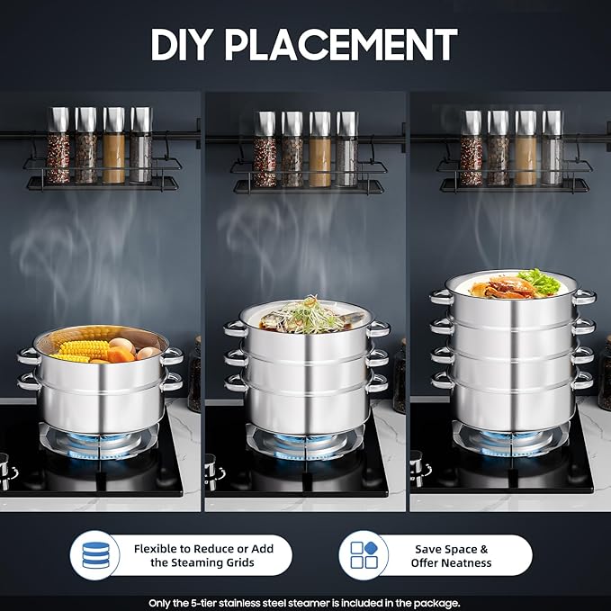 5-Tier Stainless Steel Steamer, 13.77 * 15.35inch Food Steaming Pot Meat Vegetable Cooking Steam Pot Multipurpose Steam Cookware Large Capacity Kitchen Tool with Lid for Steaming Pasta Dumplings