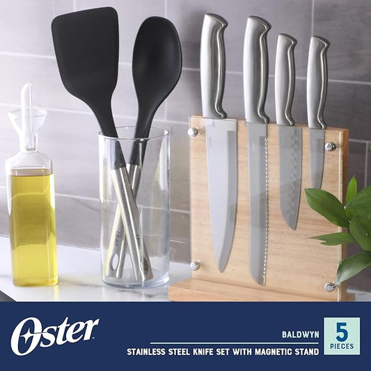 Oster Baldwyn 5-Piece Stainless Steel Knife Block Set with Wood Magnetic Stand – Countertop Display & Knife-Safe Storage