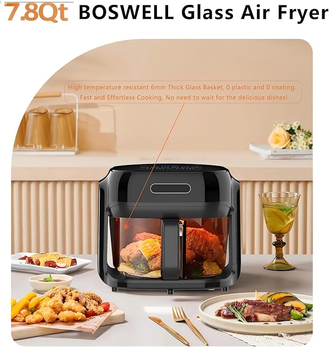 Glass Air Fryer, 7.8QT with Transparent Fry Bowl, Circulating Heating, Temperature Control, Air Fryer Roast, Dishwasher Safe (Black)