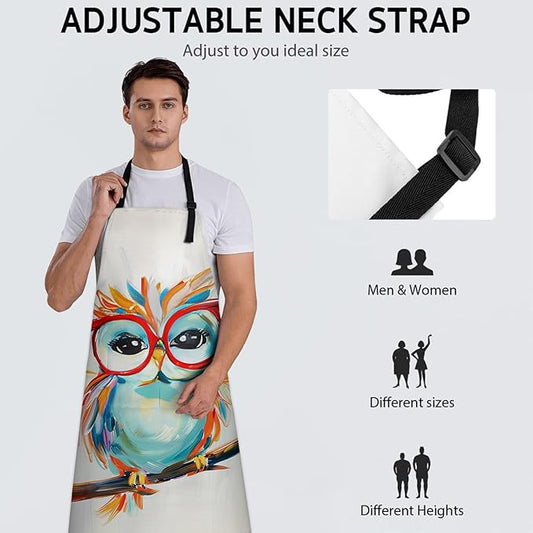 Colorful Owl Apron, Adjustable Kitchen Whimsical Design Aprons with Pockets for Cooking BBQ Gardening, 28×33 IN, Holiday Gifts for Women Men Wife, for Chef Baking, Oxford Fabric