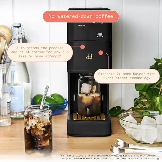 Beautiful Perfect Grind Programmable Single Serve Coffee Maker, Burr Grinder, 64 oz Reservoir, 6 Brew Sizes by Drew Barrymore (Black Sesame)