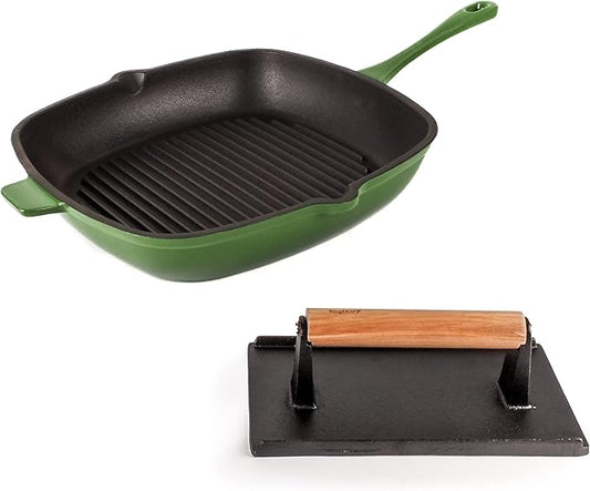 Berghoff Neo 2Pc Enameled Cast Iron Grill Set, Grill Pan 11 inches, Bacon/Steak Press 8 inches, Fast, Evenly Heat, Oven safe (Green)