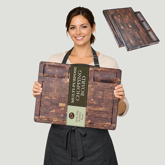 Premium Extra Large Thick End Grain Acacia Wood Cutting Board with Non-Slip Feet, Juice Groove, Sorting Compartments for Kitchen 20x15x1.5
