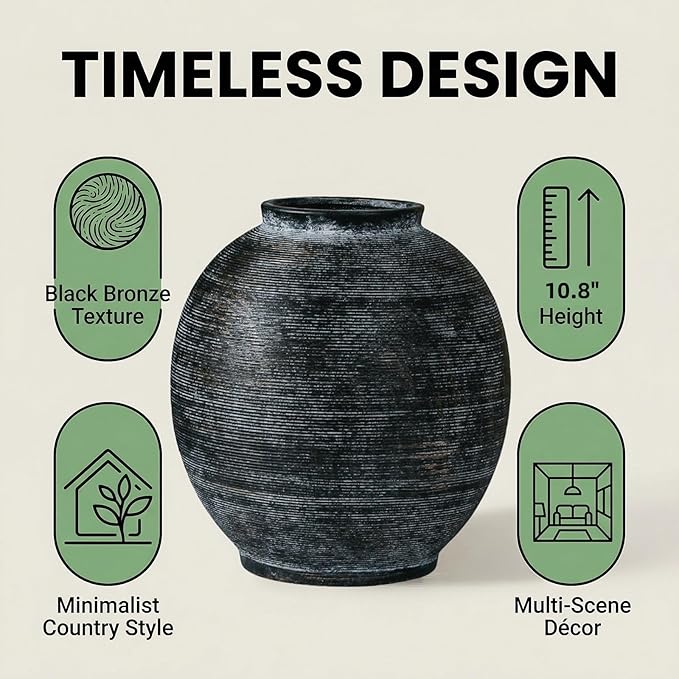 Large Black Ceramic Vase Home Decor, Round Farmhouse Table & Floor Vases Rustic Vintage Living Room Entrway Kitchen Bedroom Decorations，Minimalist Hand-Made Textured Vase (10.8” H Black Bronze)