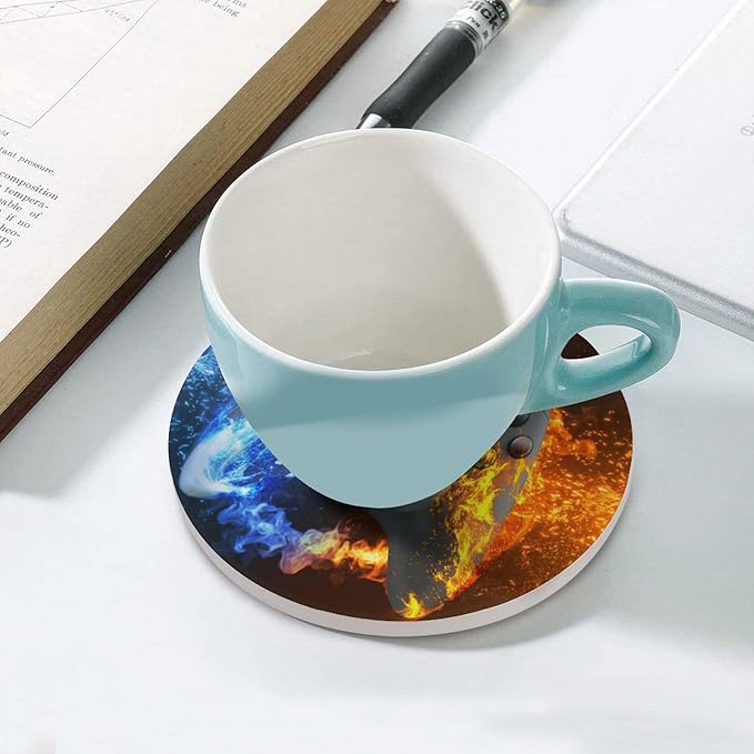 Round-6PCS Gamer Drink Coasters, Round Modern Ceramic Absorbent Coasters, Gamepad Cool Flame Game Controller Gaming Gamer Decor Desk Coffee Table Coaster for Beverage Cup Tea Coasters