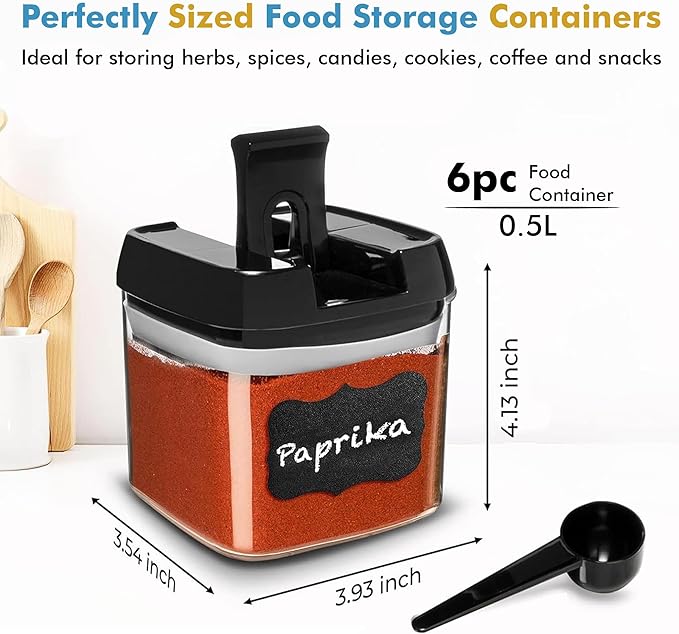 Shazo 6 PC Airtight Food Storage Containers + 6 Spoons - BPA Free Clear Plastic Snack & Spice Containers with Easy Lock Lids - Kitchen and Pantry Organization for Herbs, Coffee, Tea - 0.5L / 2.1 Cups