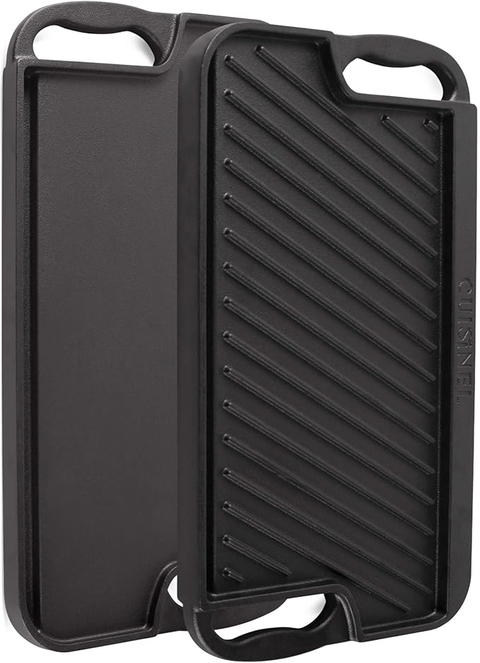 Cuisinel Cast Iron Griddle/Grill + Scraper/Cleaner - Reversible Pre-Seasoned 16.75" X 9.5"-inch Dual Handle Flat Skillet and Griller Pan - Works Indoor/Outdoor, Stove Burner, Gas, Fire