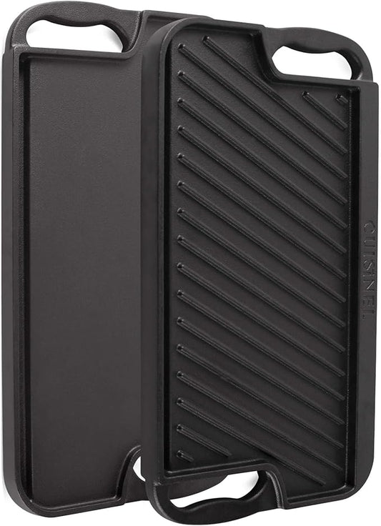 Cuisinel Cast Iron Griddle/Grill + Scraper/Cleaner - Reversible Pre-Seasoned 16.75" X 9.5"-inch Dual Handle Flat Skillet and Griller Pan - Works Indoor/Outdoor, Stove Burner, Gas, Fire