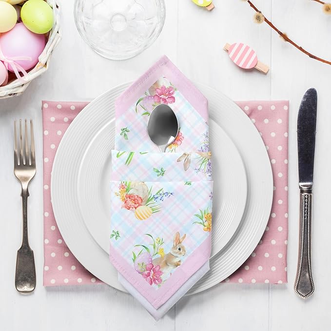 Easter Bunny Napkins, 18×18 Inch Egg Floral Dinner Cloth Napkins Set of 6, Washable Cotton Soft Absorbent Square Napkins for Dining Kitchen Party Wedding Decoration