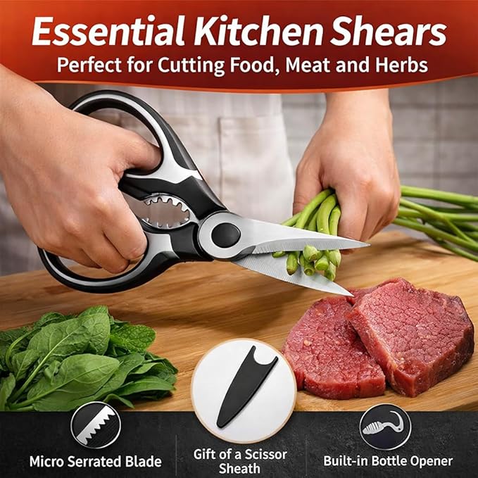 Multi-Purpose Kitchen Scissors, Stainless Steel Food Shears for Meat, Poultry and Cooking Prep, Dishwasher-Safe Utility Tool with Protective Cover