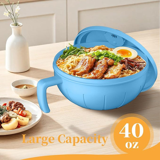 steo spce Large Ramen Bowl Set, 40 Oz Microwaveable Noodle Cooker with Leak-Proof Lids, Chopsticks, Spoon & Fork – Portable and Dishwasher Safe, Ideal for Home, Office, Dorm, or Gift Light (Blue)