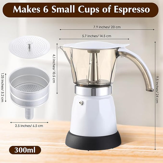 Lemosae Electric Espresso Maker Transparent Coffee Maker Electric Moka Pot Portable Aluminum Espresso Machine Italian Moka Pot with Detachable Base, Coffee Gift for Women Men Home Travel (White,6 Cup)