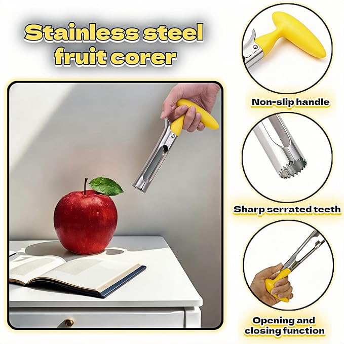 Apple Corer, Stainless Steel Apple Corer and Divider with Sharp Serrated Blade – Easy to Use – Core Remover Tool for Apples, Pears, Cupcakes – Heavy-Duty Kitchen Gadget for Baking, Cooking (Yellow)