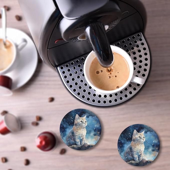 Round Coasters Set of 2, Starry White Cat Absorbent Ceramic Coaster with Cork Base, Bar Coasters for Drinks Coffee Mugs Tea Cups Wine Glasses Home Decor Gifts (4 inches)