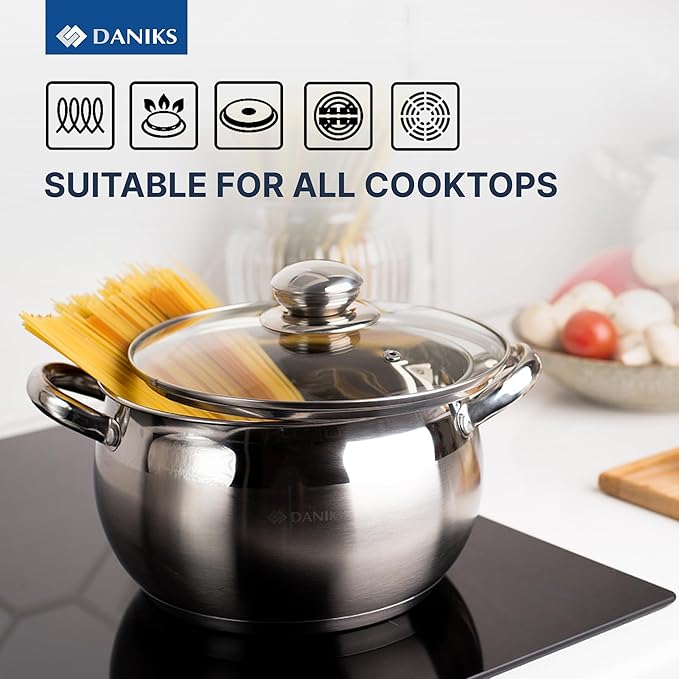 Daniks Classic 6.5 Quart Stainless Steel Stock Pot with Glass Lid, Tri-Ply Bottom for Even Heating, Induction Compatible, Dishwasher Safe