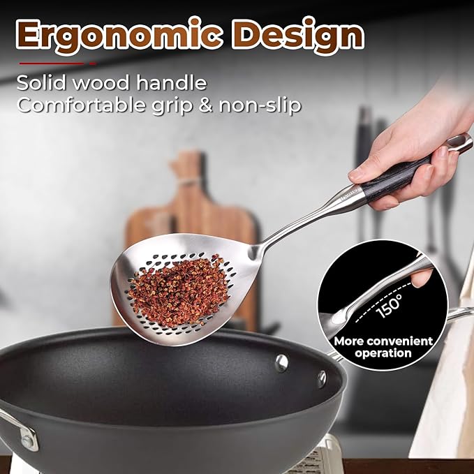 MARTE Skimmer Slotted Spoon -14.8in Pasta Strainer Skimmer Ladle Spoon for Cooking and Frying - Kitchen Scoop Colander Strainer Spoon with Heat Resistant Black Wooden Handle