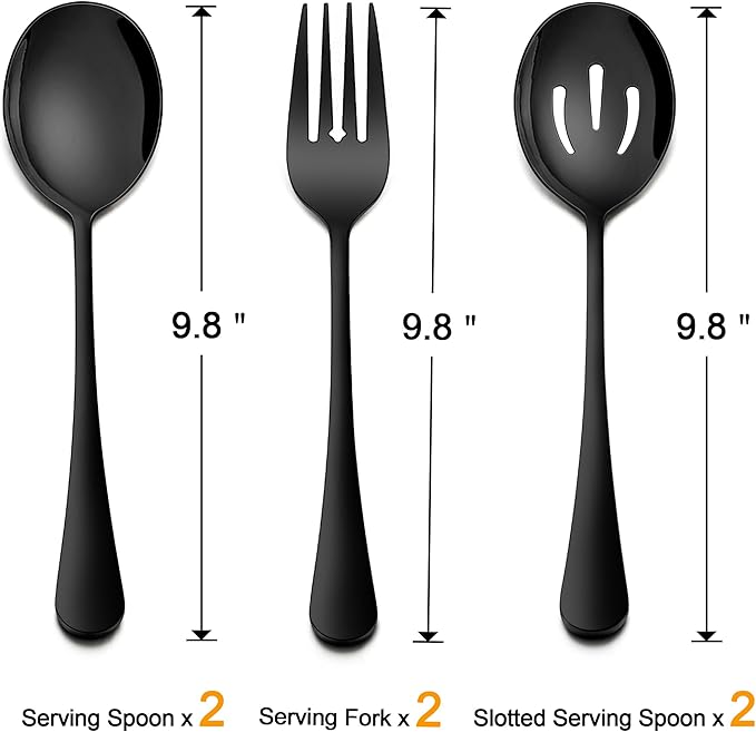 Homikit Large Black Serving Spoons Forks Set of 6, Stainless Steel Serving Utensils for Catering Buffet Banquet Party Kitchen Restaurant, 9.8 Inch Big Metal Hostess Set, Dishwasher Safe